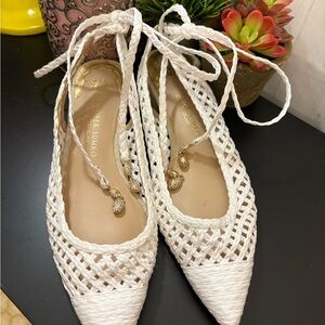 Jennifer Sumko White Woven Flats with Ankle Wrap